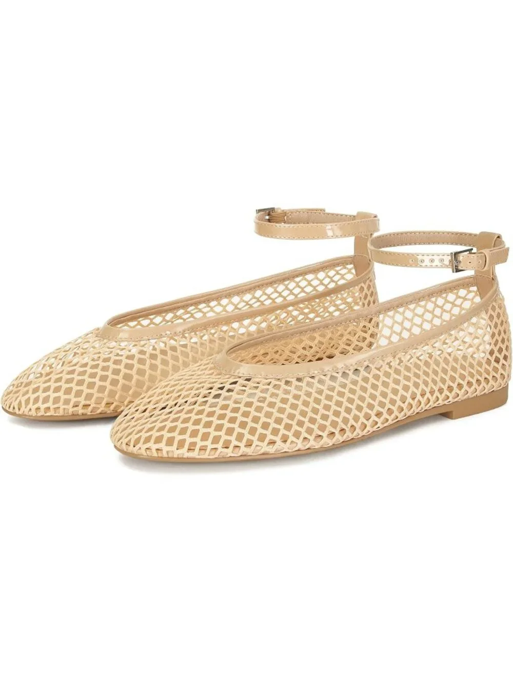 Women's Beige Mesh Ballet Flats Round Toe Buckle Strap Comfy Casual Shoes